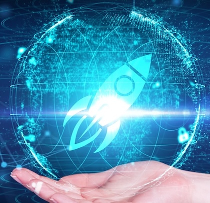 Hand holding a bubble containing a rocketship