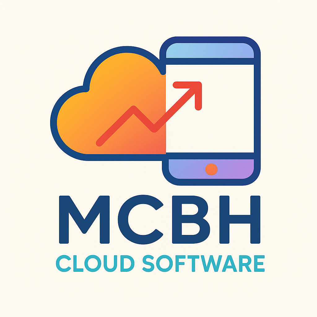 MCBH Logo - A cloud and a mobile device, side by side, connected by a classic growth graph line indicating commercial success can be achieved by engaging our services