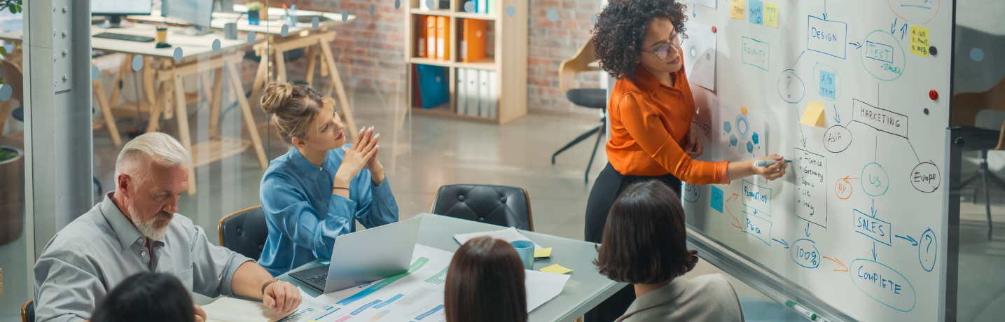 A group of colleagues gather around a table while one of them illustrates ideas on a whiteboard