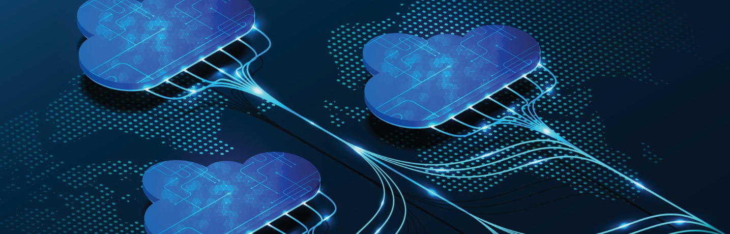 Three digital-looking clouds float over a dot map of the world, interconnected with network lines with glowing dots of data moving along them