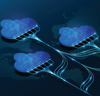 Three digital-looking clouds float over a dot map of the world, interconnected with network lines with glowing dots of data moving along them