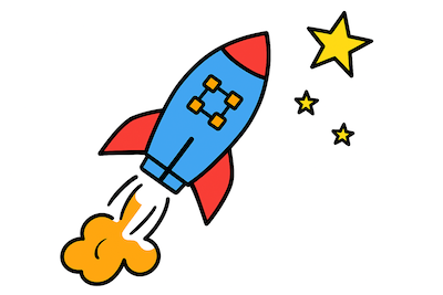 A blockchain rocket ship blasting off and heading for the stars