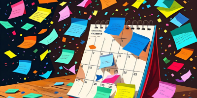Numerous multi-coloured sticky notes ar e swirling through the air and coming to land on a calendar