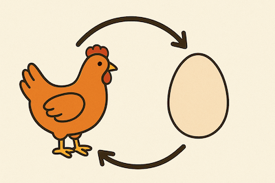 A depiction of the circular question of Which Came First? The Chicken or The Egg?